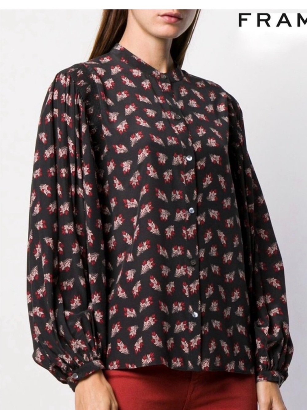 FRAME Denim Black Floral Button-Up Puff Sleeve Blouse